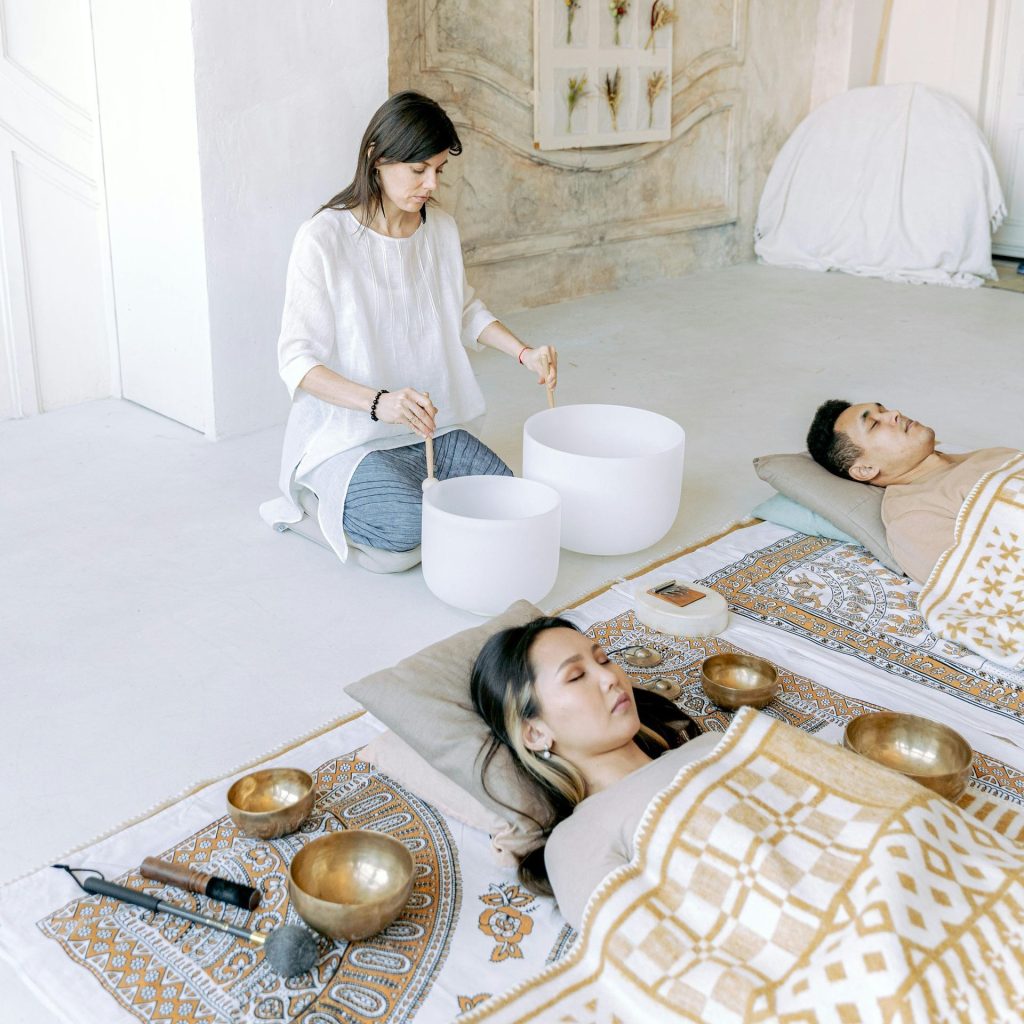 Sound bath therapy session at California Detox & Recovery Center helping clients relax and heal during addiction recovery programs.