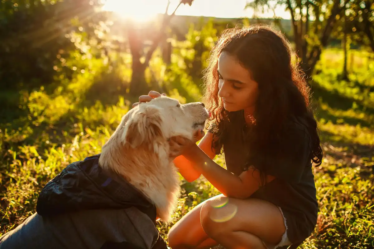 a lady bonding with dog at sunset outdoors