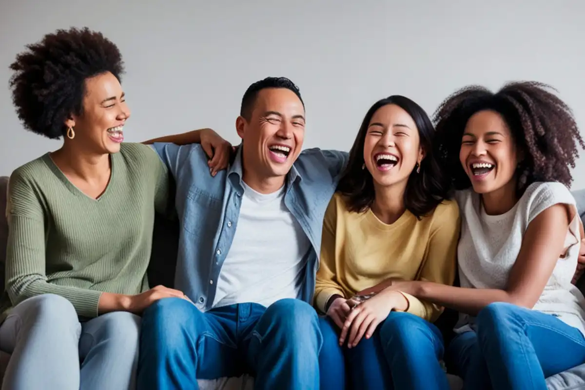 Four Friends Laughing Together on a Sofa